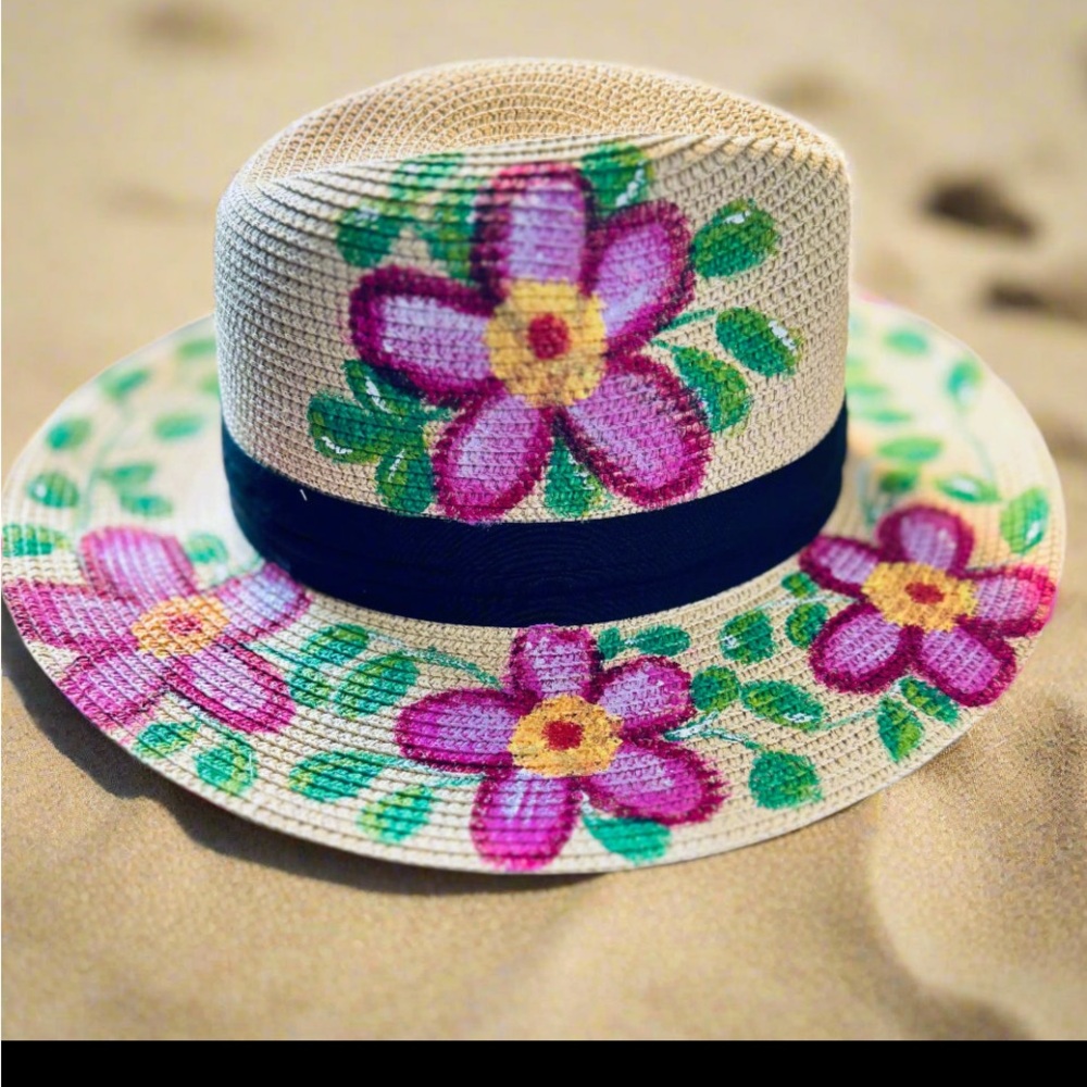 Floral Straw Hat with Pink and Green Accents